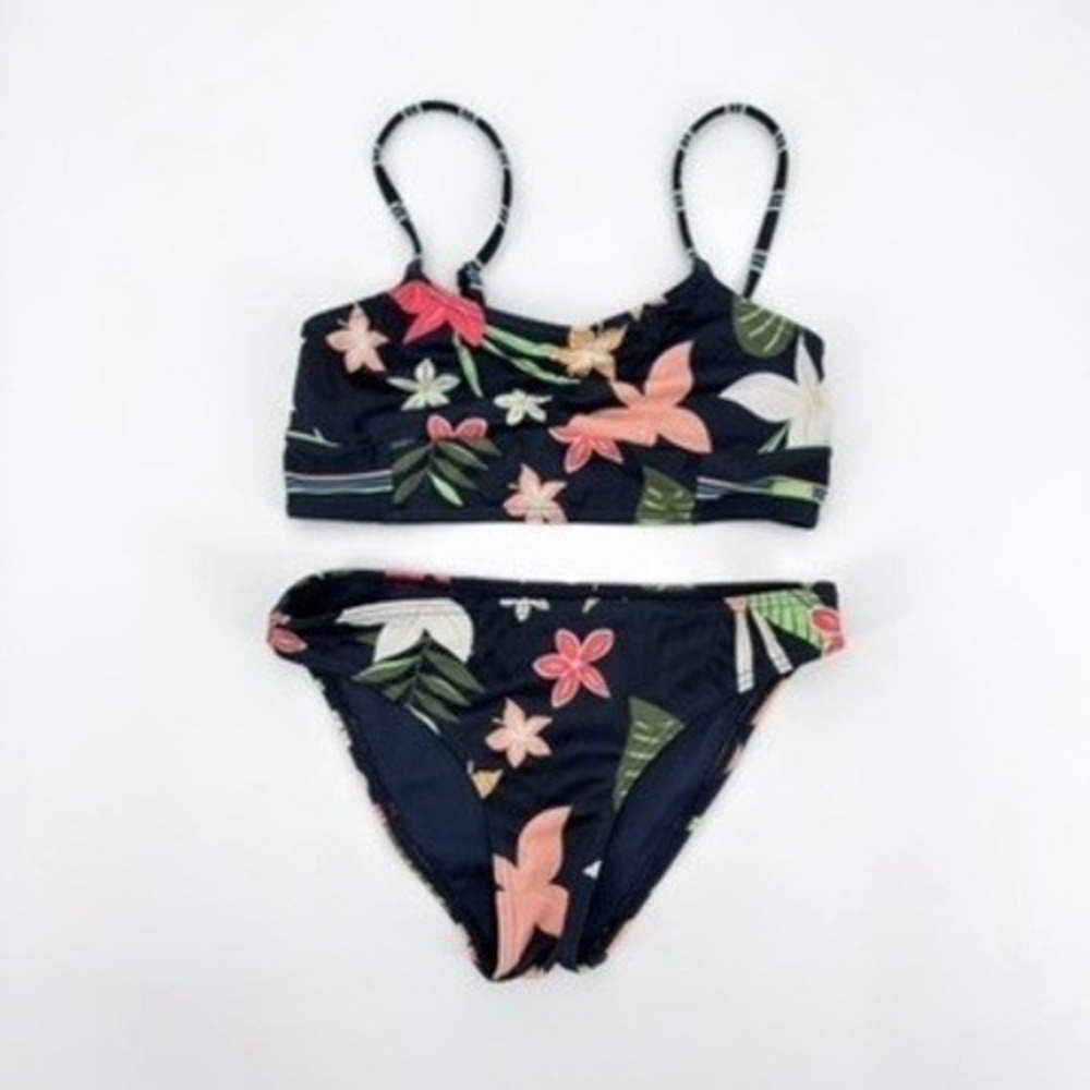 Roxy Girl Navy Blue Tropical Floral Bikini Two Piece Swimsuit Set Size 10